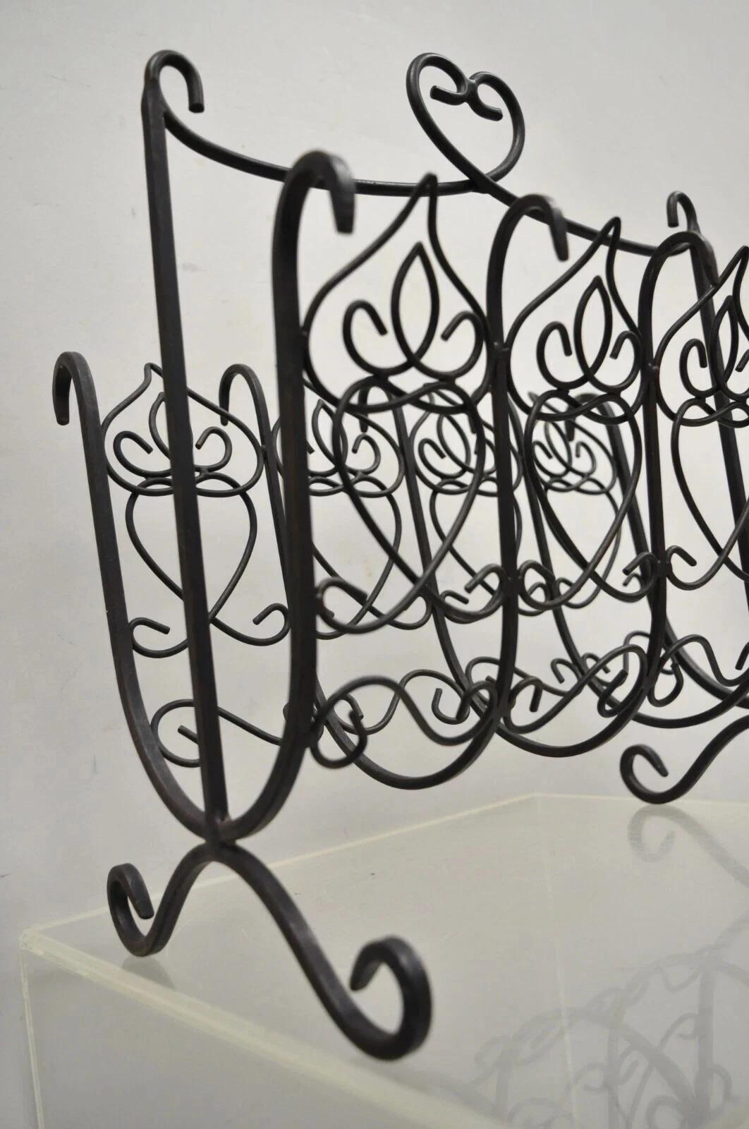 Vintage French Style Scrolling Wrought Iron Magazine Rack Stand with Heart In Good Condition For Sale In Philadelphia, PA
