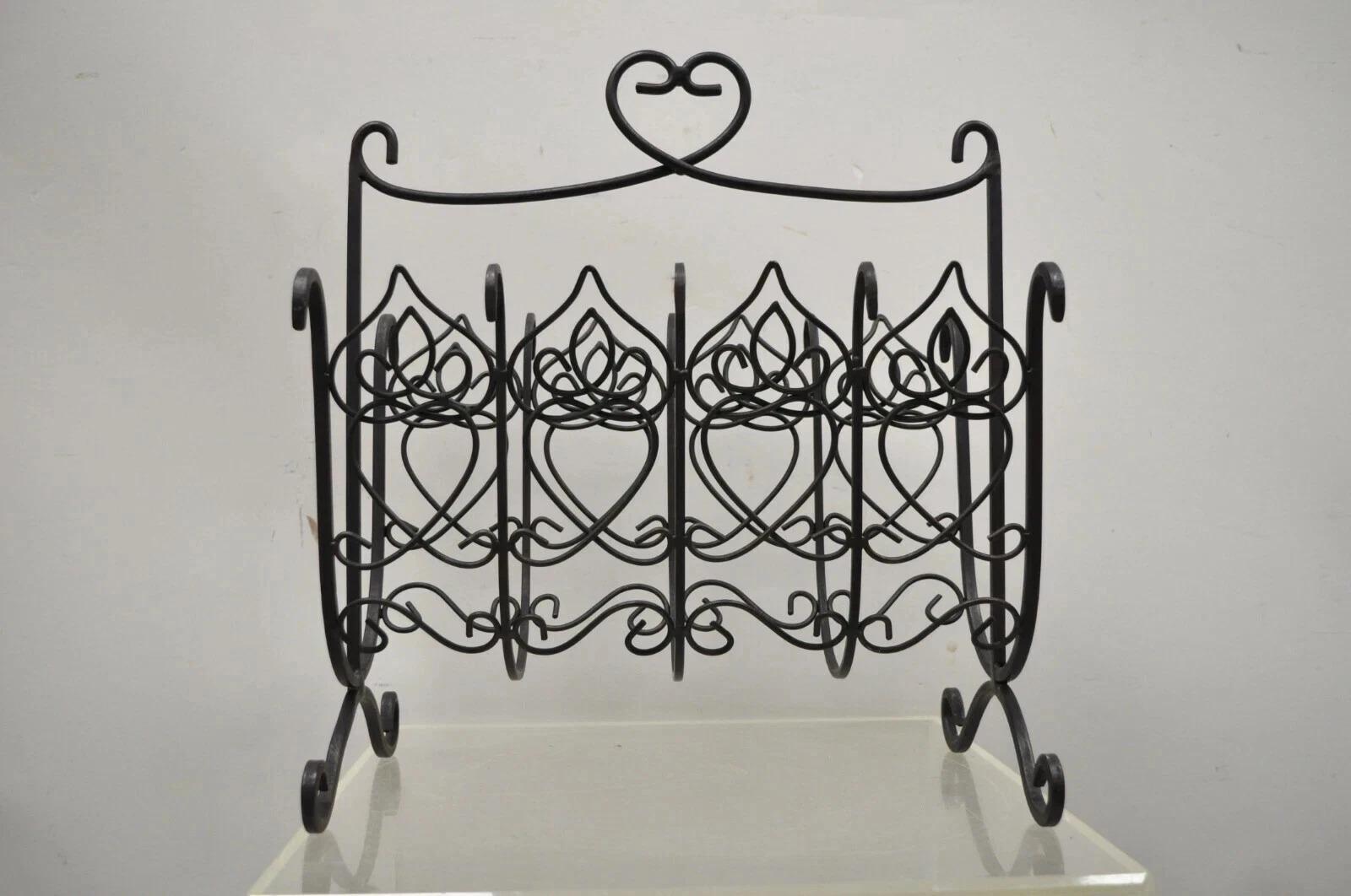 Vintage French Style Scrolling Wrought Iron Magazine Rack Stand with Heart For Sale 3