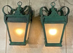 Vintage French Style Solid Brass Lanterns / Pendents With Verdigris