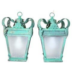 Vintage French Style Solid Brass Lanterns / Pendents With Verdigris