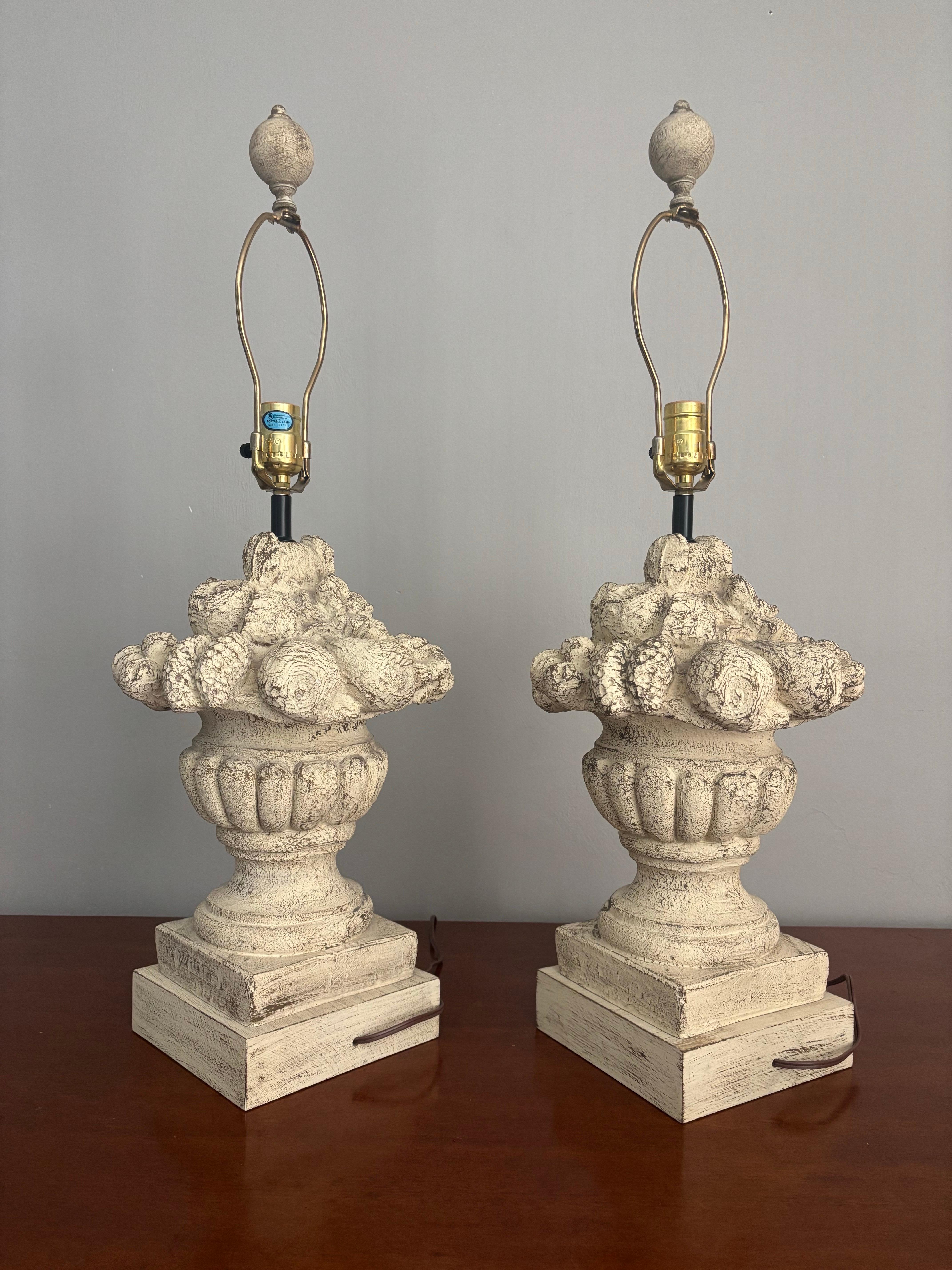 Pair of classic Italian or French style topiary fruit bowl lamps. Carved from wood. Offering a beautiful silhouette from afar and with exceptional texture as you go in for a closer look. Painted to show a false sense of wear, a white base and a