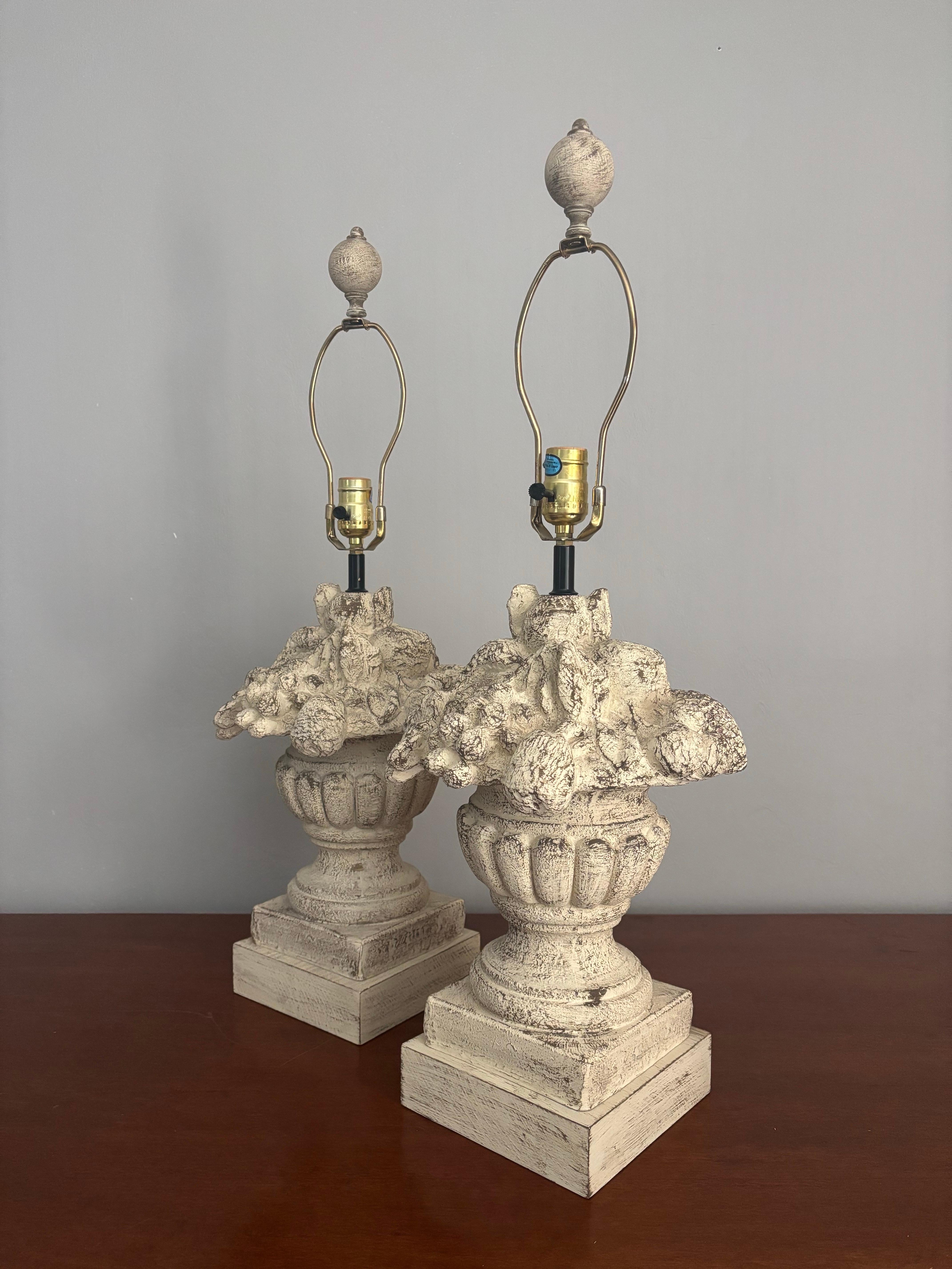 French Provincial Vintage French Style Topiary Fruit Bowl Carved Wood Table Lamps, a pair For Sale