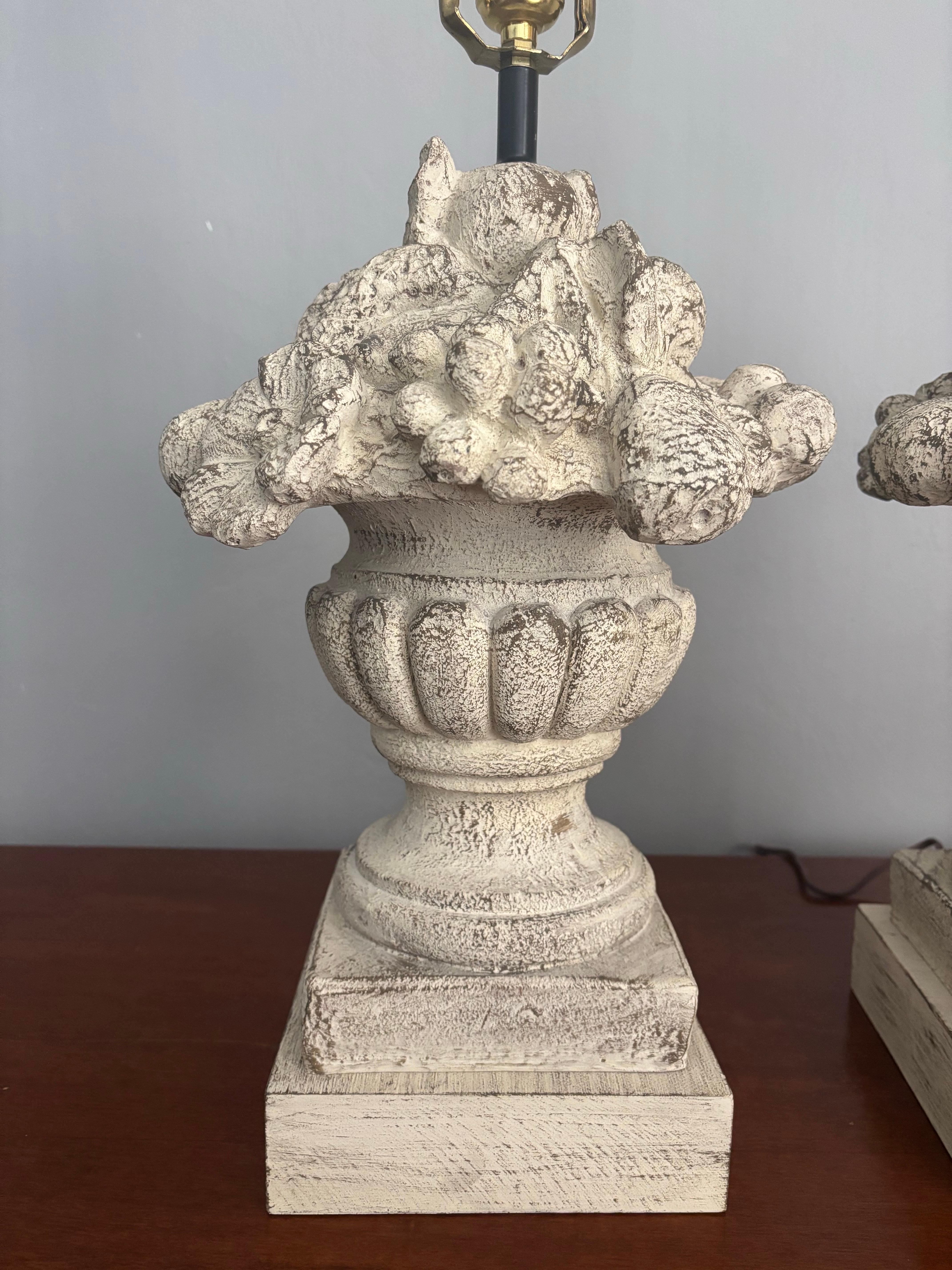 Vintage French Style Topiary Fruit Bowl Carved Wood Table Lamps, a pair For Sale 2