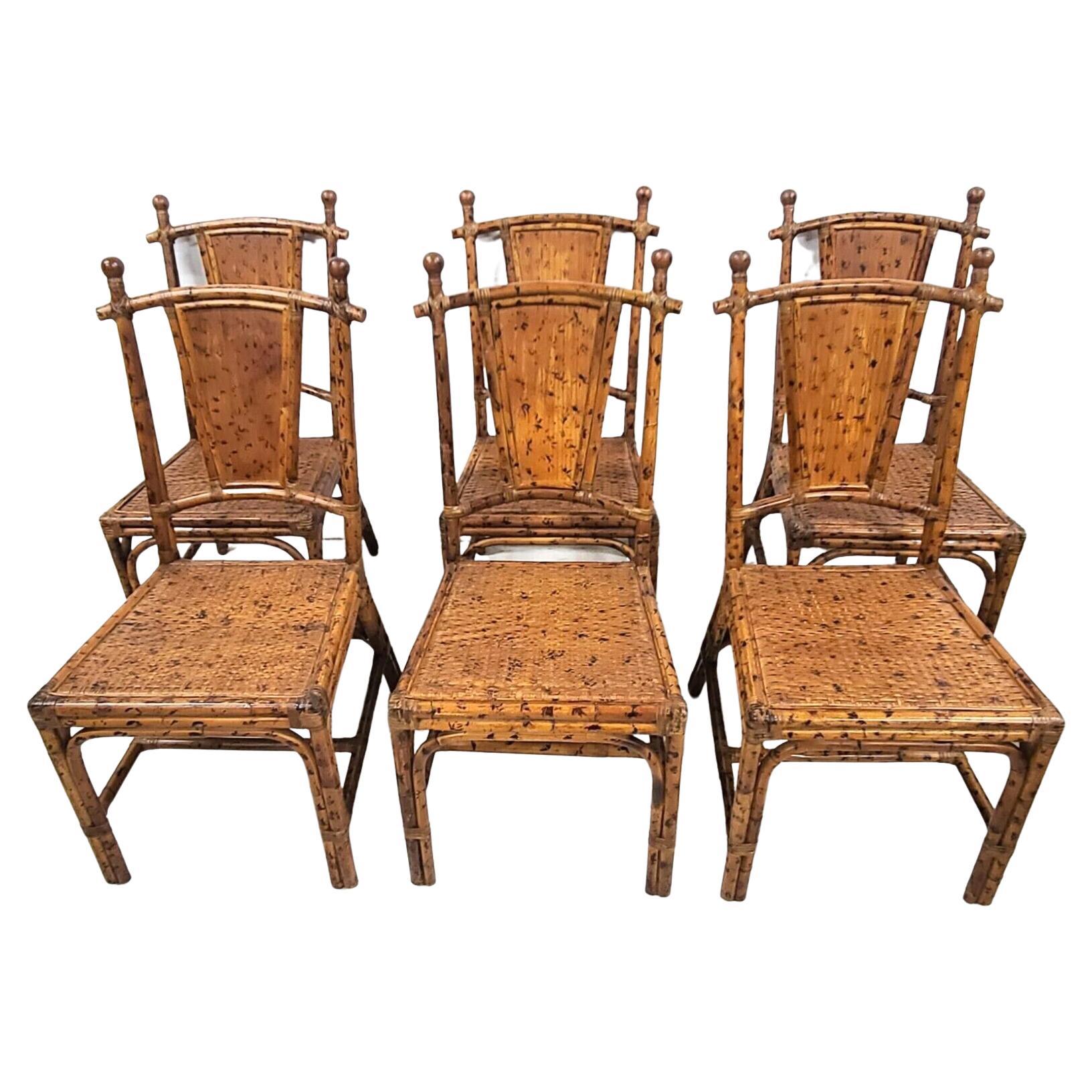 Vintage French Style Tortoise Bamboo Rattan Wicker Dining Chairs, Set of 6