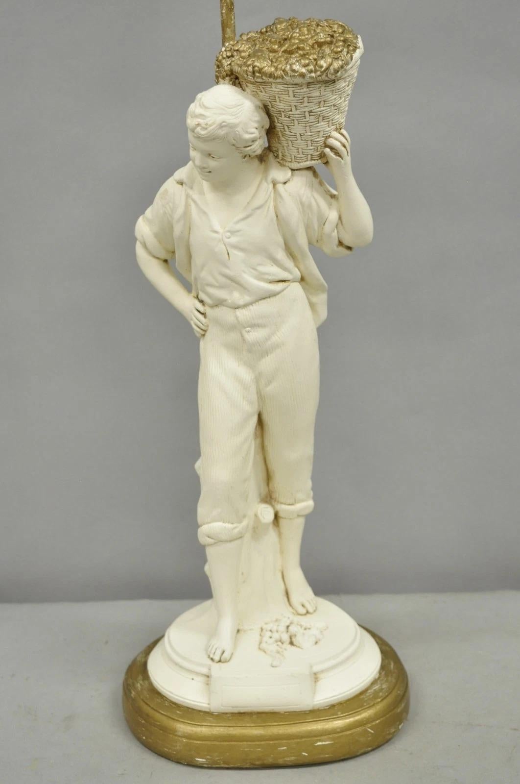 Renaissance Vintage French Style White Painted Metal Figural Boy w Flower Basket Table Lamp For Sale