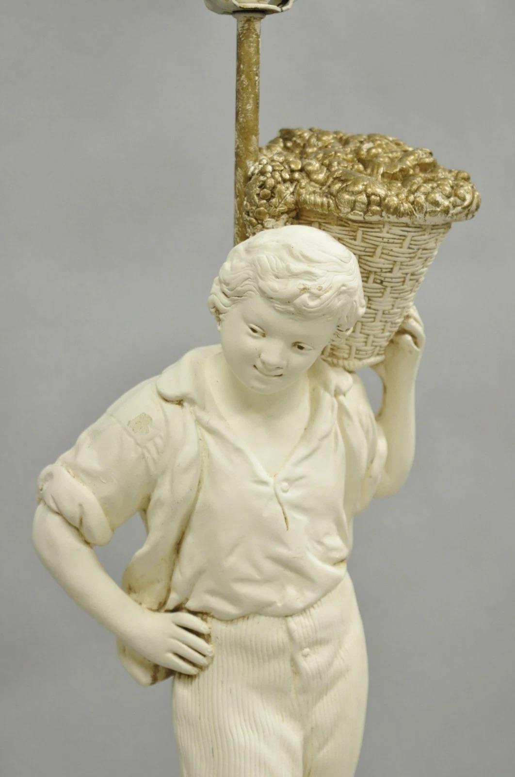 Unknown Vintage French Style White Painted Metal Figural Boy w Flower Basket Table Lamp For Sale