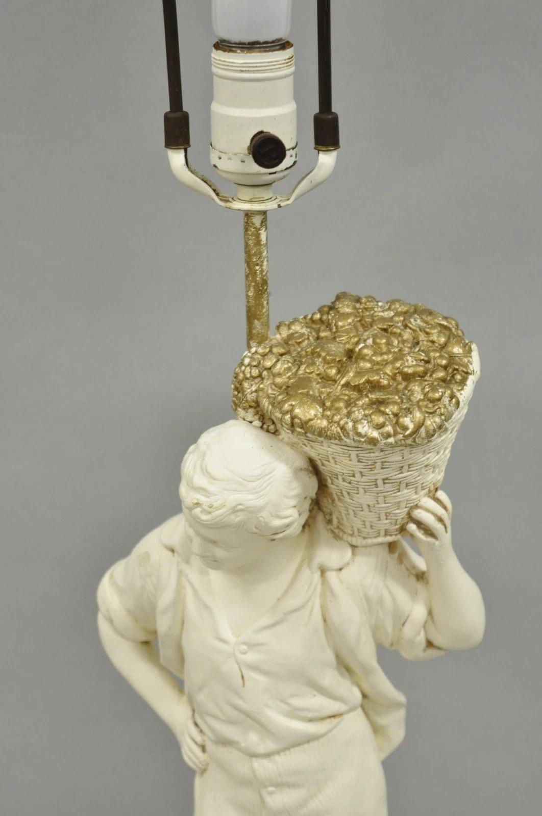 Vintage French Style White Painted Metal Figural Boy w Flower Basket Table Lamp In Good Condition For Sale In Philadelphia, PA