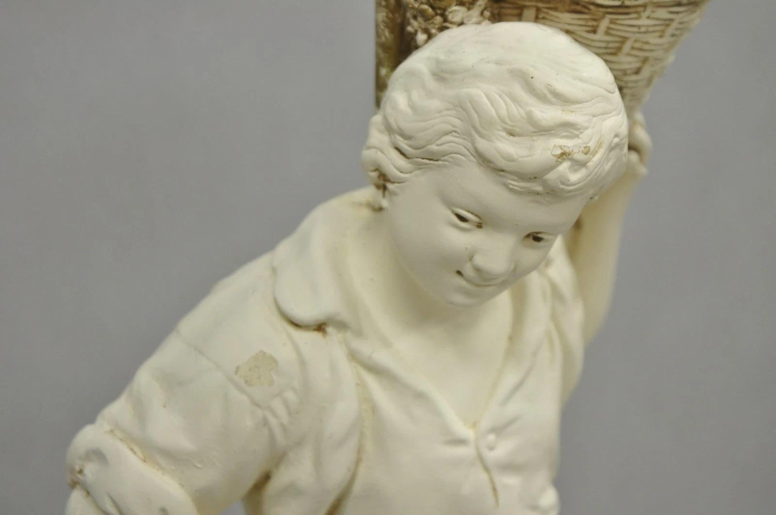 Vintage French Style White Painted Metal Figural Boy w Flower Basket Table Lamp For Sale 1