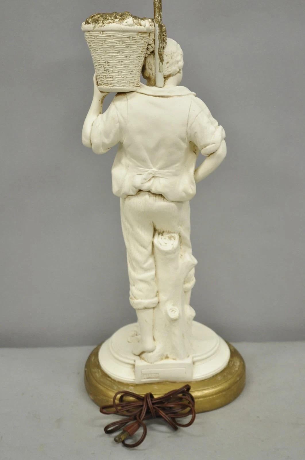 Vintage French Style White Painted Metal Figural Boy w Flower Basket Table Lamp For Sale 3