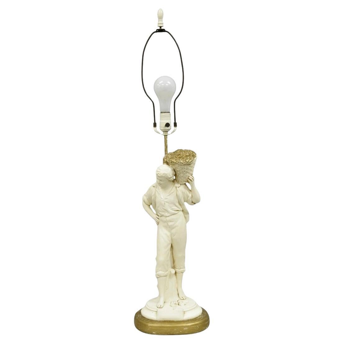 Vintage French Style White Painted Metal Figural Boy w Flower Basket Table Lamp For Sale
