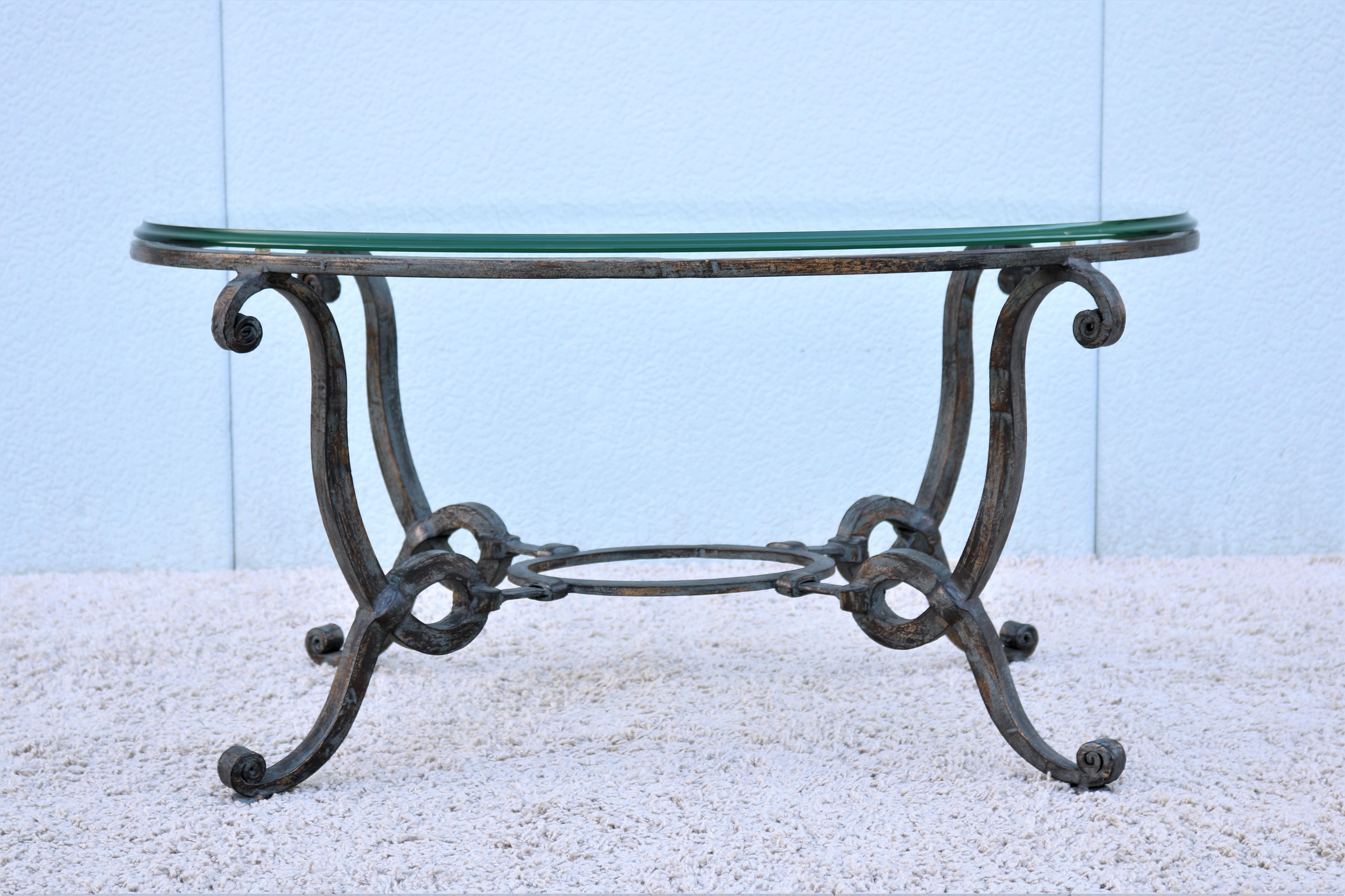 French Provincial Vintage French Style Wrought Iron and Glass Oval Coffee Table For Sale