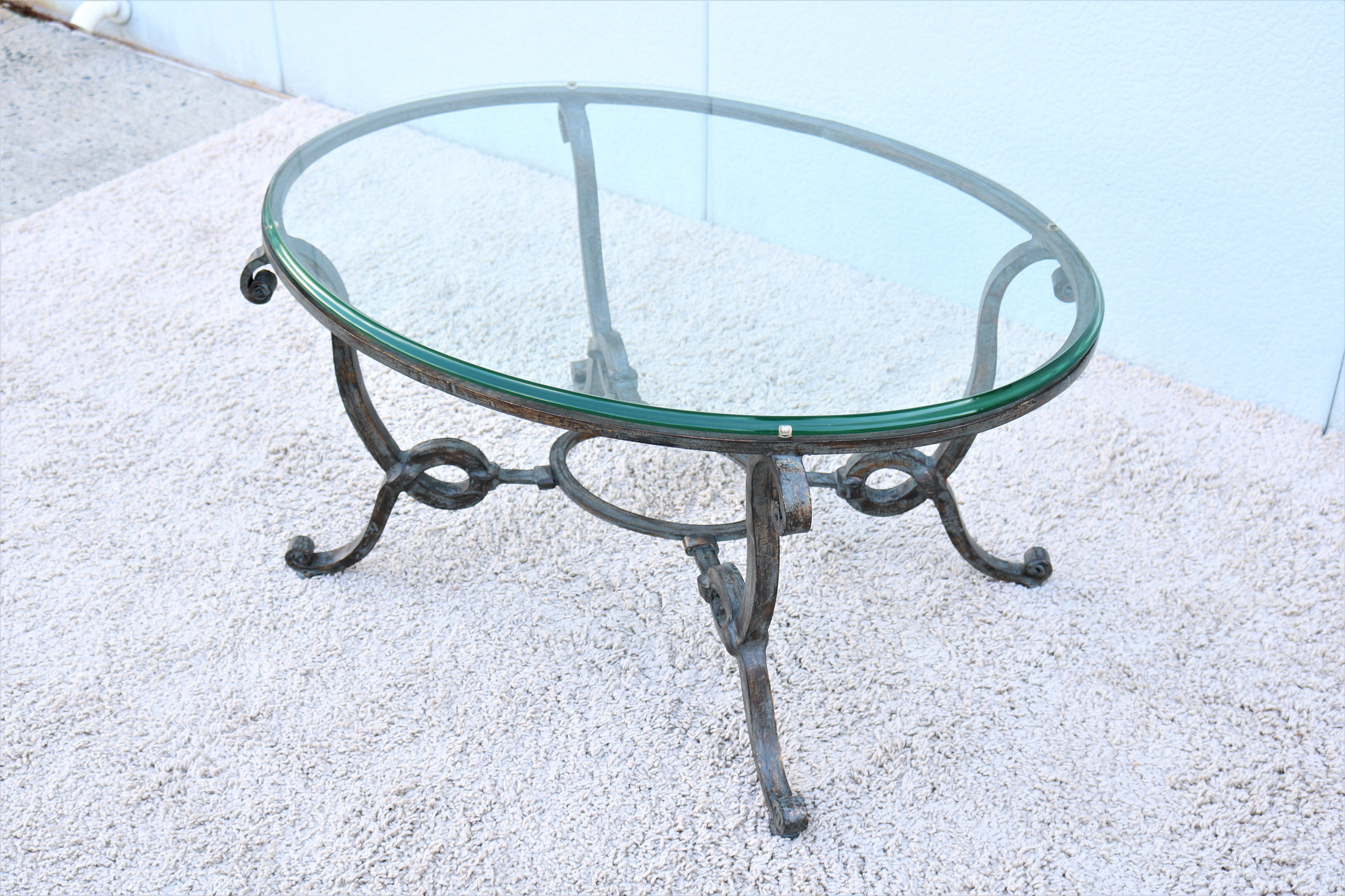Beveled Vintage French Style Wrought Iron and Glass Oval Coffee Table For Sale
