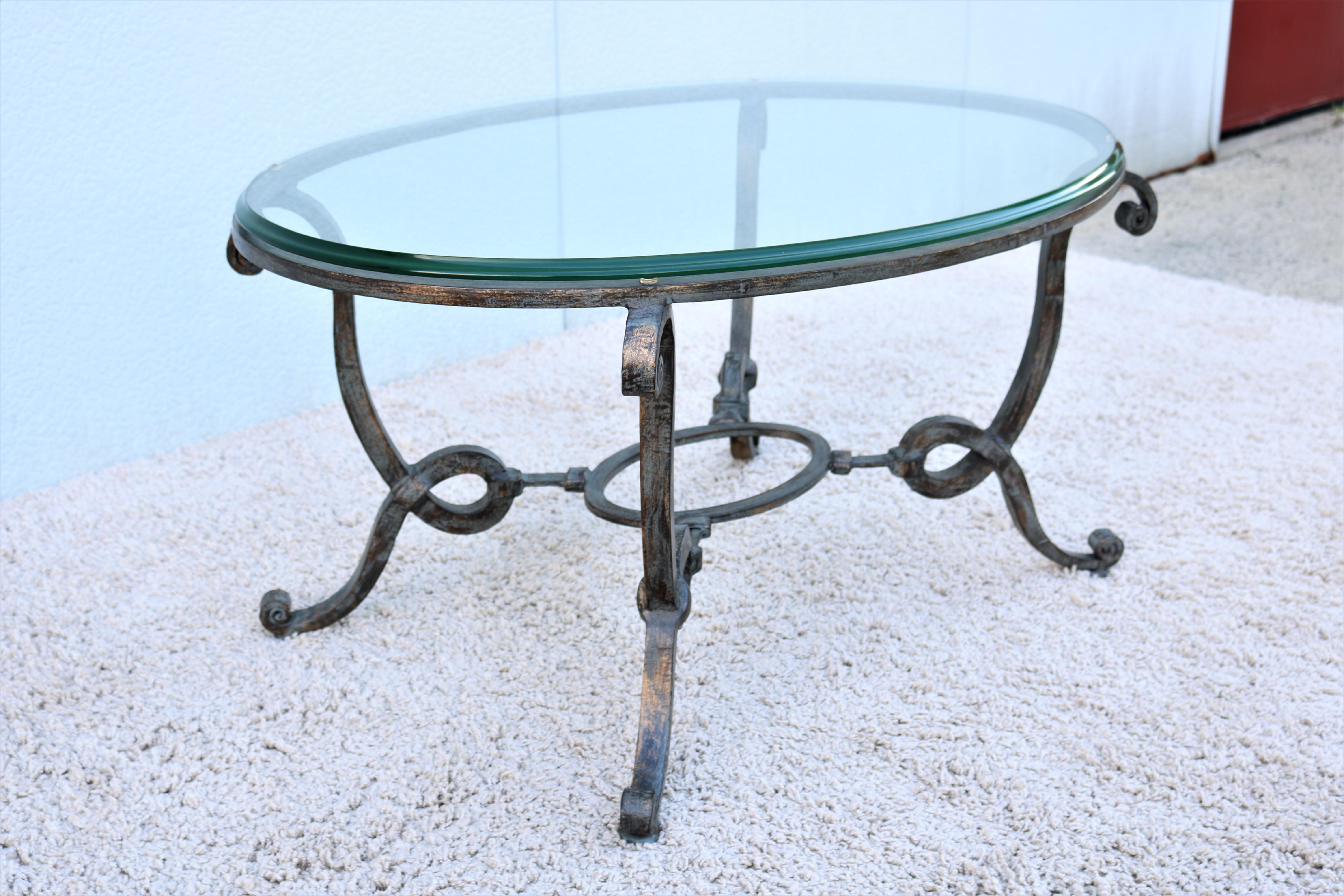 Vintage French Style Wrought Iron and Glass Oval Coffee Table For Sale 1