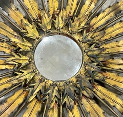 Vintage French Sunburst Wall Mirror in Gilt Metal, Mid-Century Style