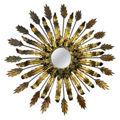 Vintage French Sunburst Wall Mirror in Gilt Metal, Mid-Century Style