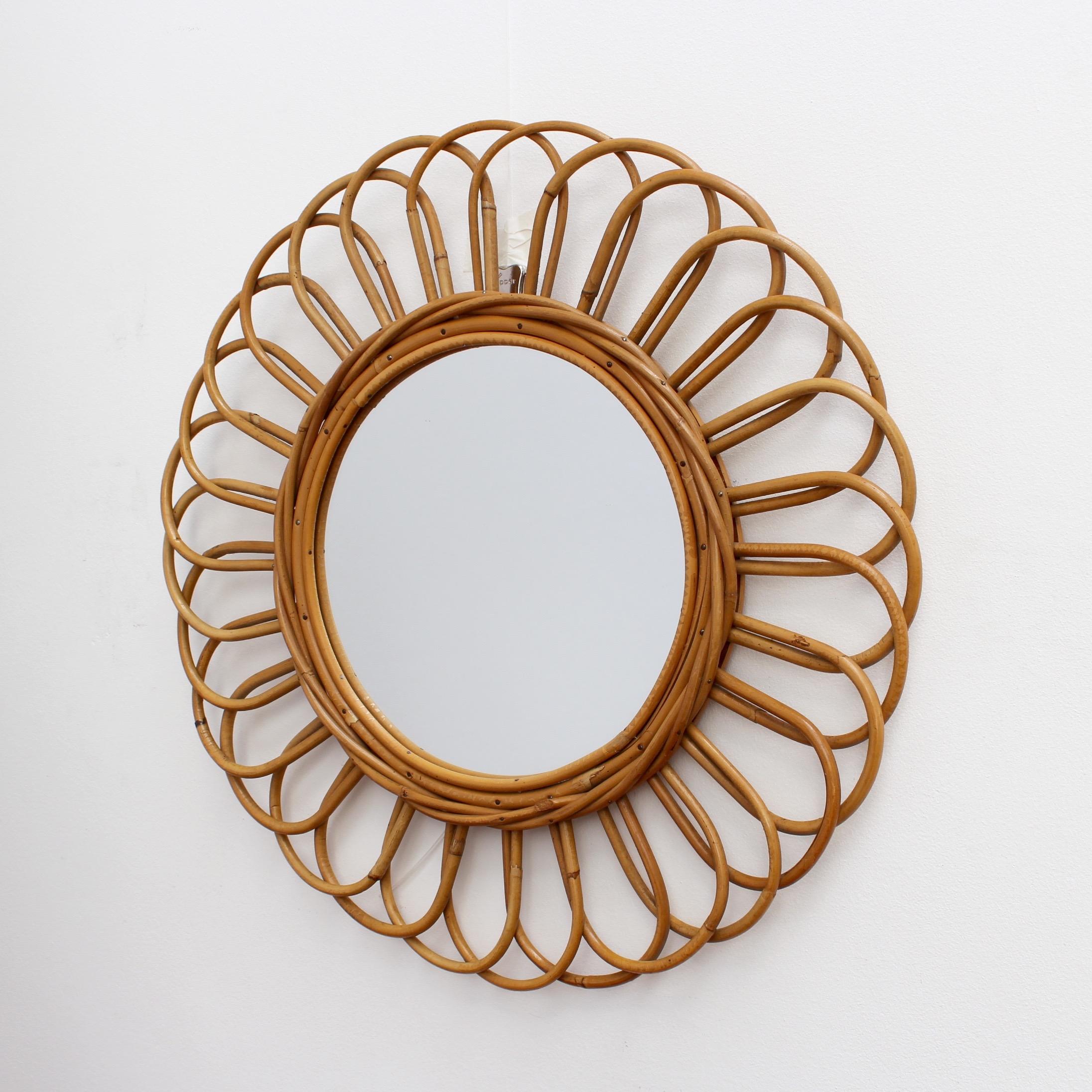 Mid-20th Century Vintage French Sunflower Rattan Wall Mirror, circa 1960s