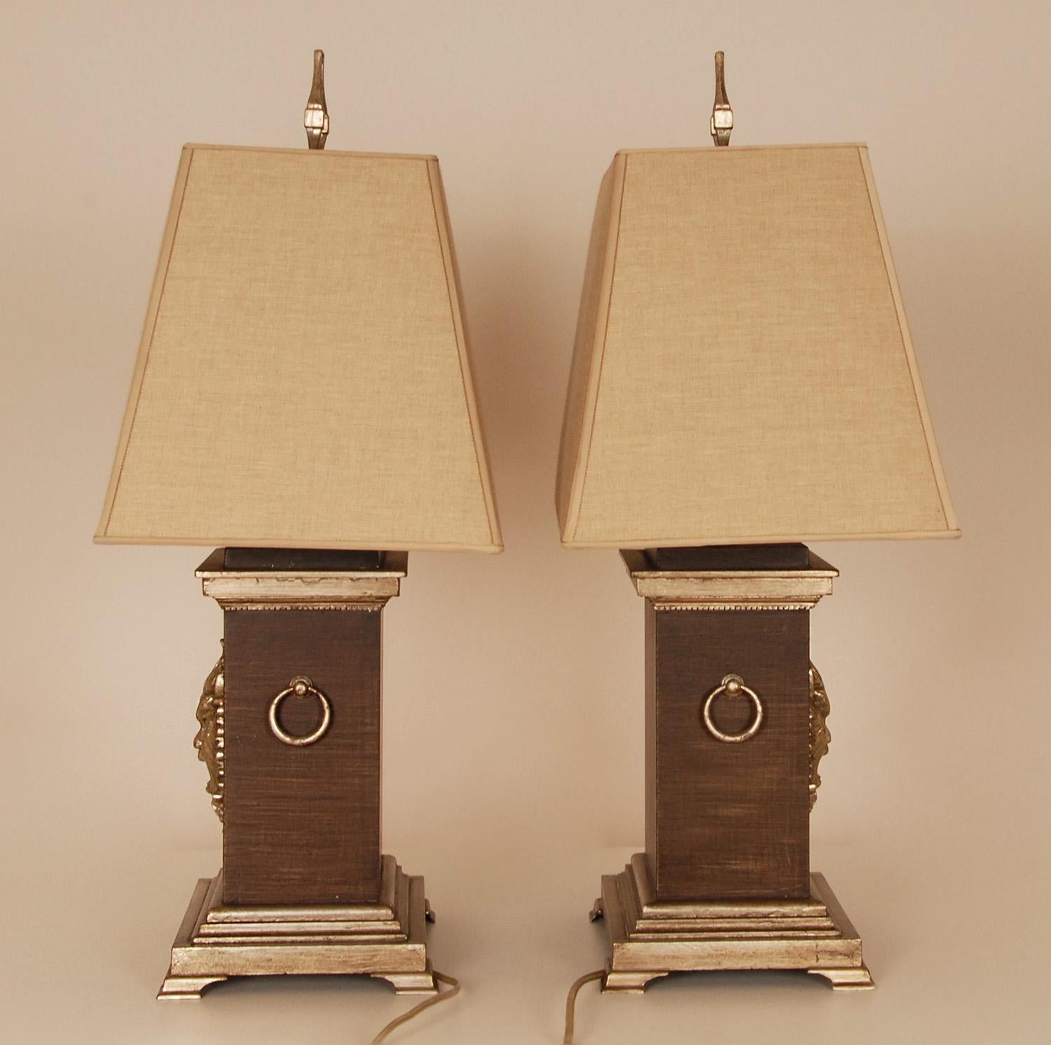 Hand-Carved Vintage French Table Lamp Baroque Faux Rosewood and Silver Bouillotte Lamps For Sale