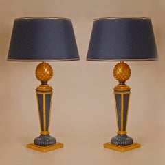 Vintage French Table Lamps Blue Gold Giltwood Pineapple Lamps 70s France, a Pair