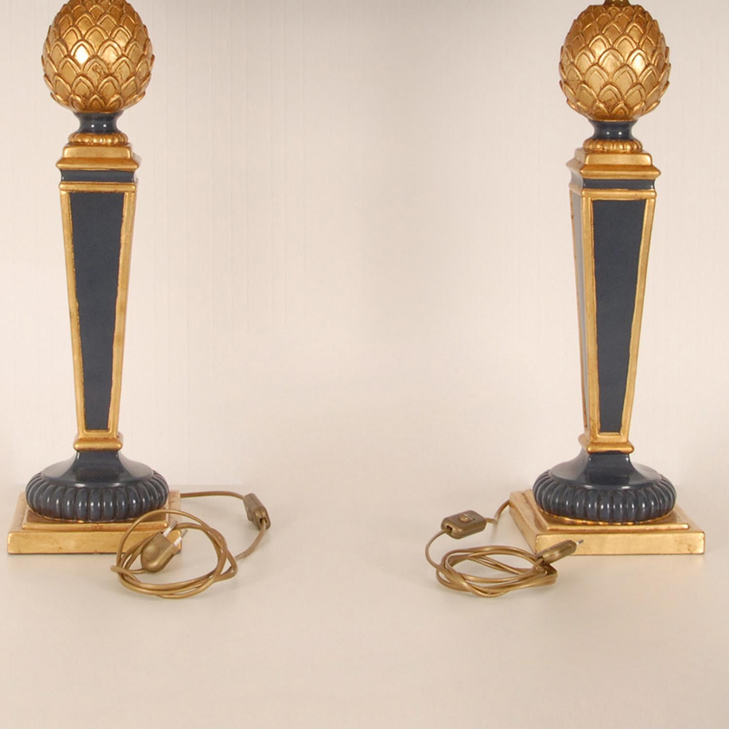 Mid-Century Modern Vintage French Table Lamps Blue Gold Giltwood Pineapple Lamps 70s France, a Pair For Sale