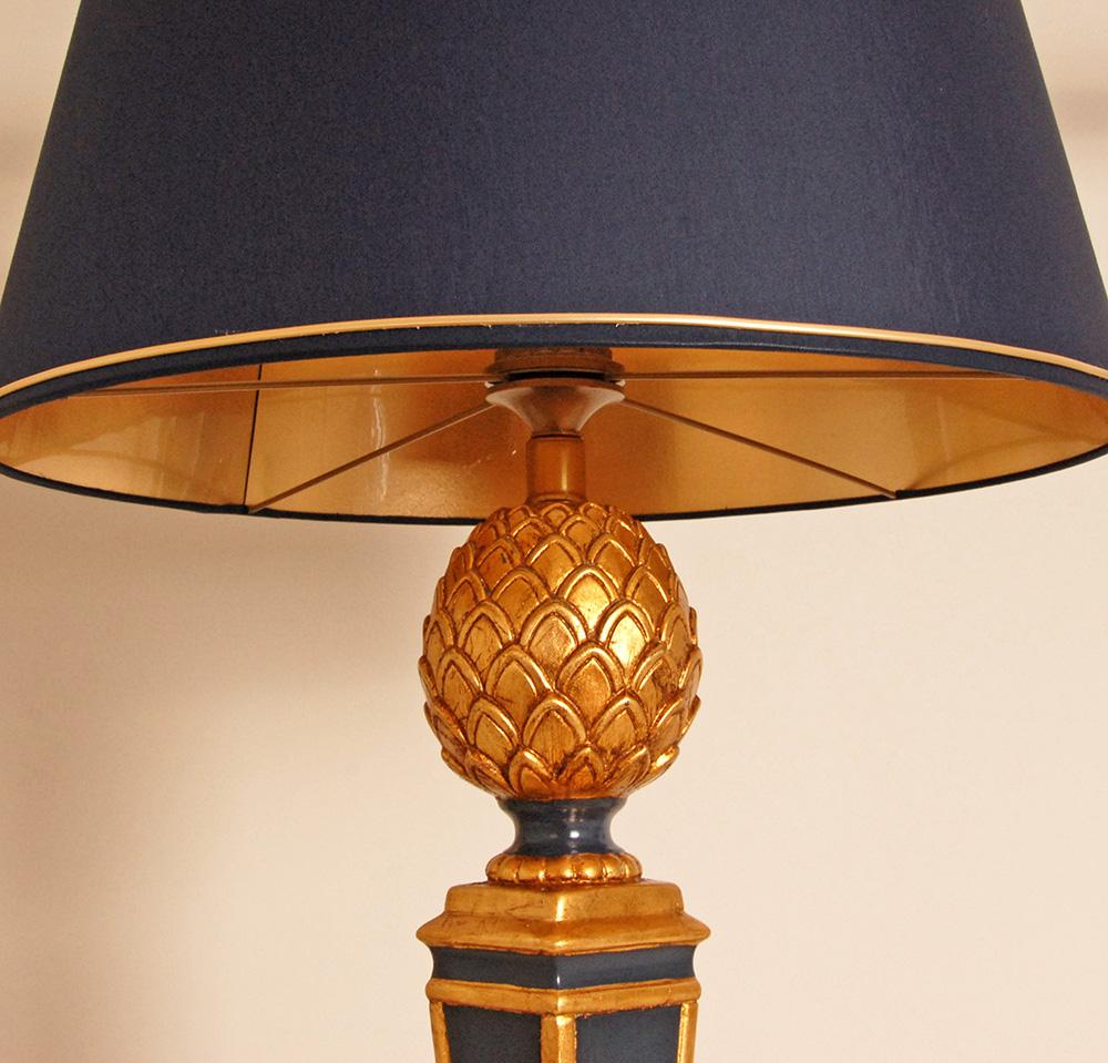 Late 20th Century Vintage French Table Lamps Blue Gold Giltwood Pineapple Lamps 70s France, a Pair For Sale