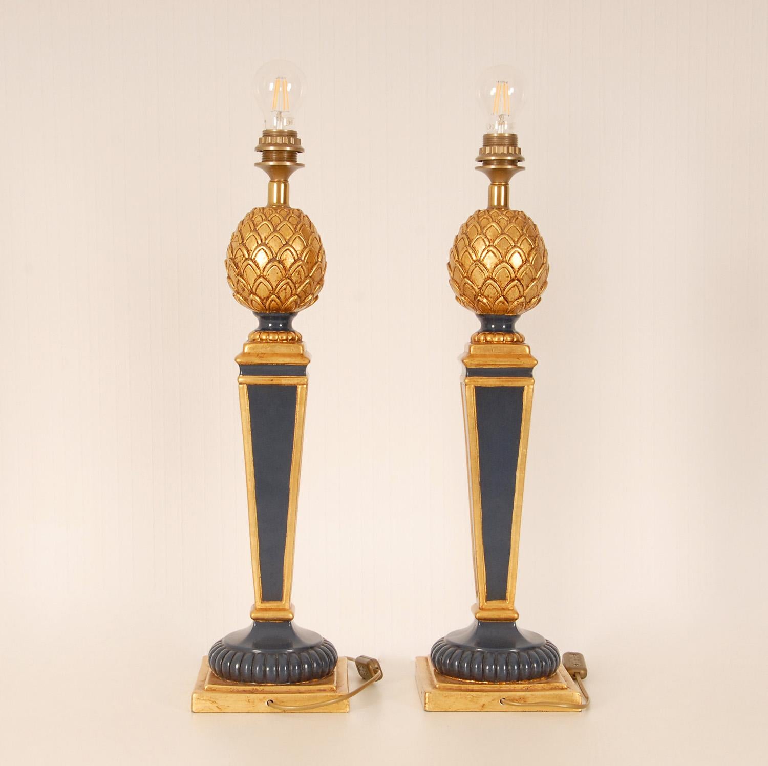 Metal Vintage French Table Lamps Blue Gold Giltwood Pineapple Lamps 70s France, a Pair For Sale