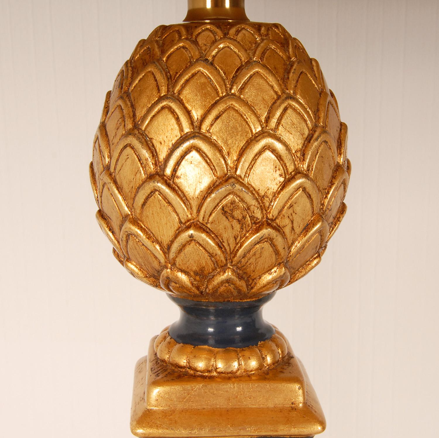 Vintage French Table Lamps Blue Gold Giltwood Pineapple Lamps 70s France, a Pair For Sale 1