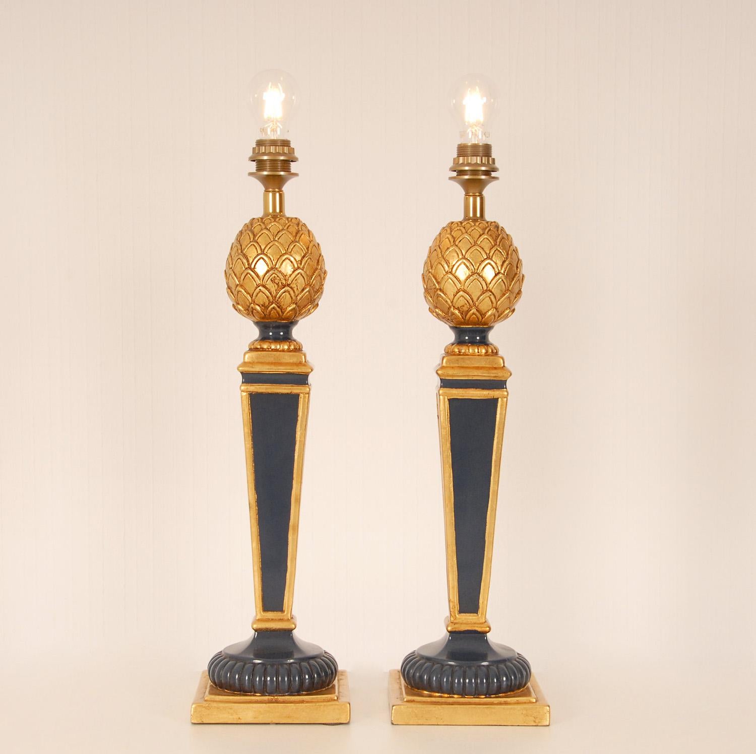 Vintage French Table Lamps Blue Gold Giltwood Pineapple Lamps 70s France, a Pair For Sale 3
