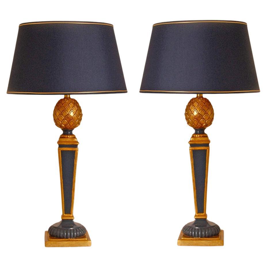 Vintage French Table Lamps Blue Gold Giltwood Pineapple Lamps 70s France, a Pair For Sale