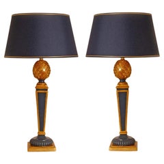 Vintage French Table Lamps Blue Gold Giltwood Pineapple Lamps 70s France, a Pair