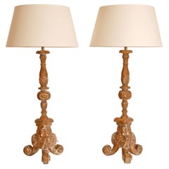 Vintage French Table Lamps Country style Carved Wood a Pair