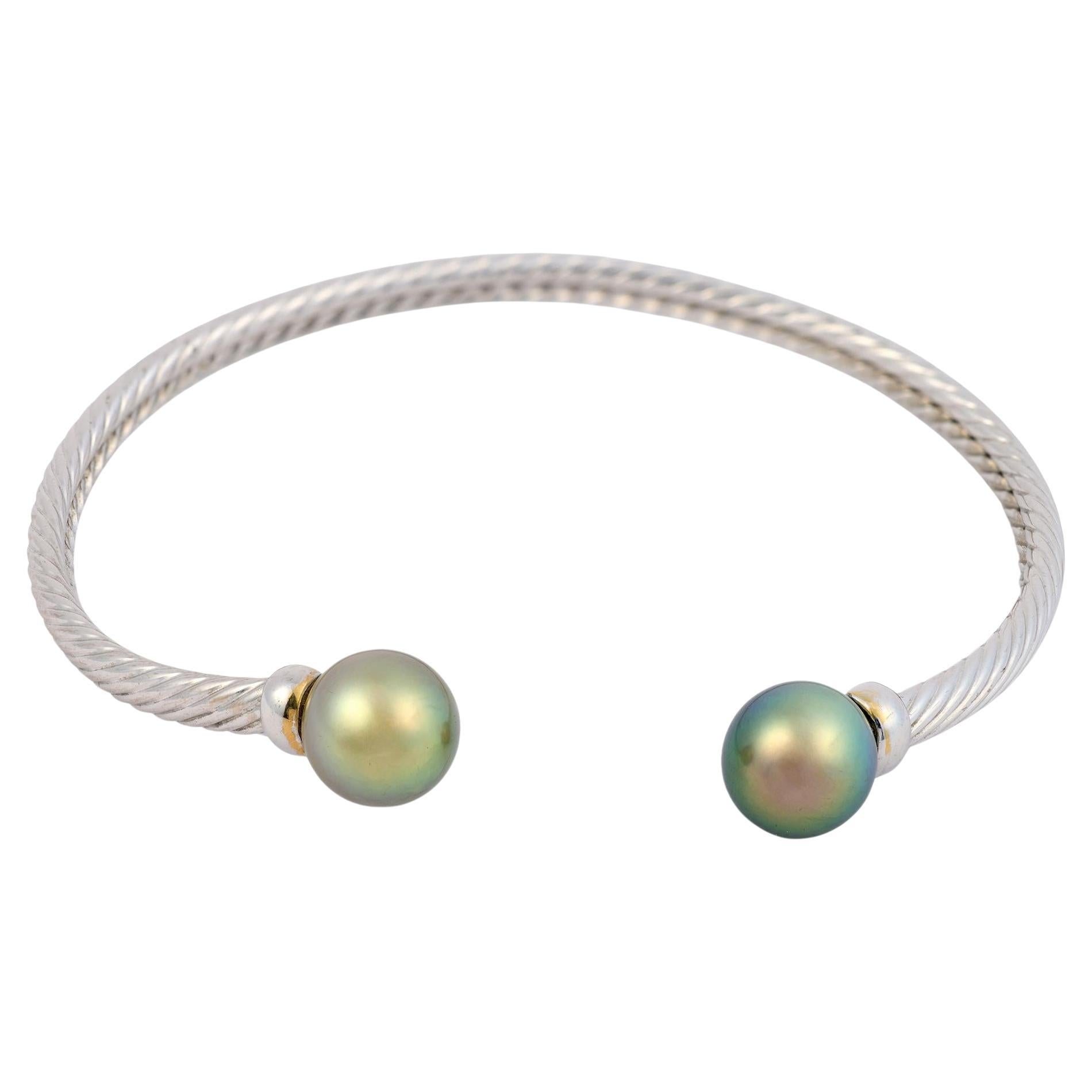 Vintage French Tahitian pearl 18k white gold bangle