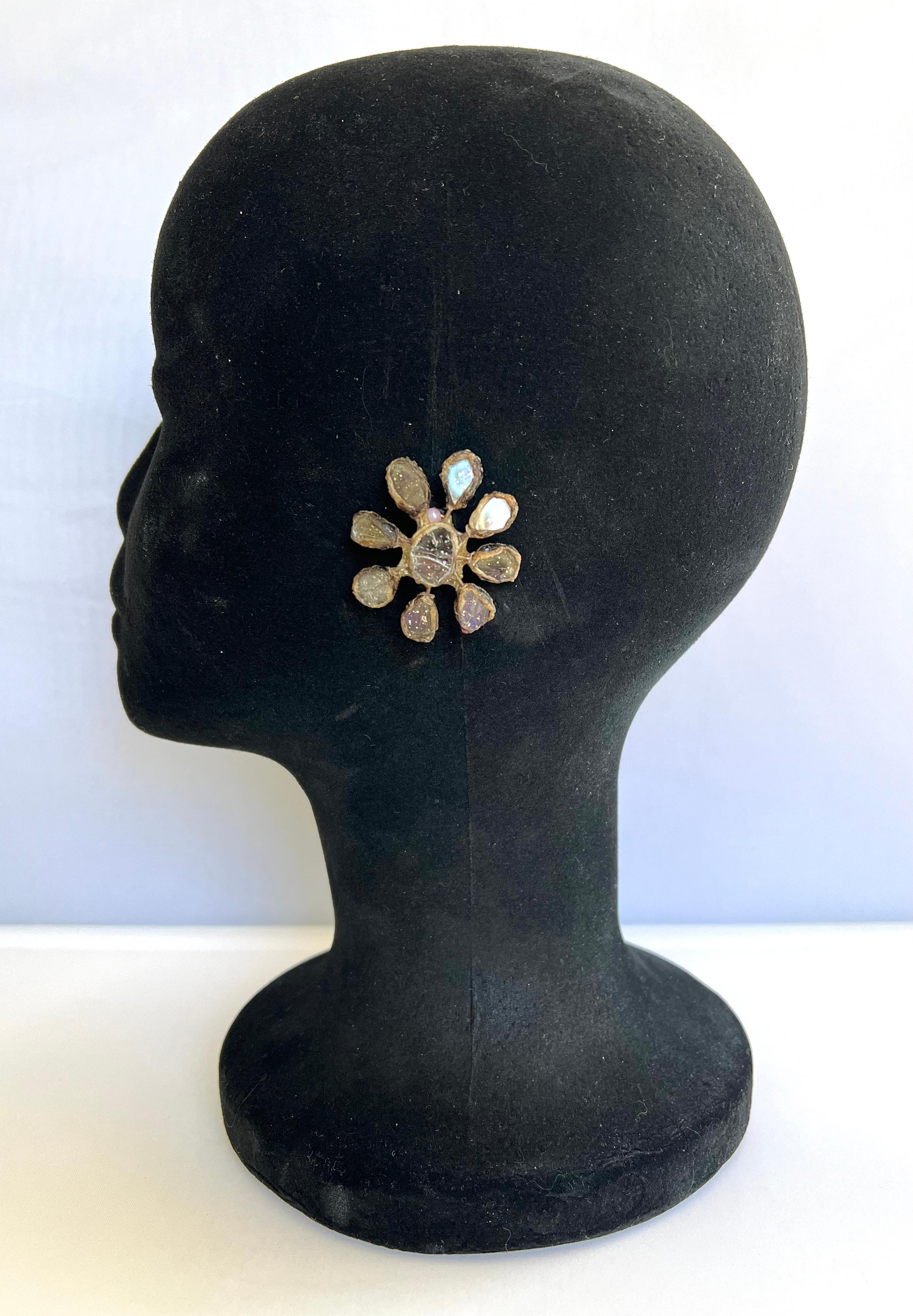 Vintage 20th-century large French artisanal talosel mirrored sunburst clip-on earrings by Line Vautrin. 