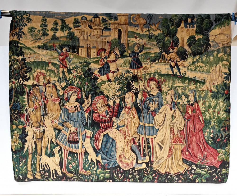 Glorious French needlepoint tapestry depicting a medieval hunt
Would make for a great wall hanging and we date this piece to circa 1920
The scene depicts a medieval hunt with numerous characters including maidens, musicians, horse riders and various