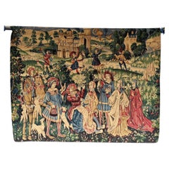 Antique French Tapestry Medieval Hunt Needle Point Hand Woven 1920