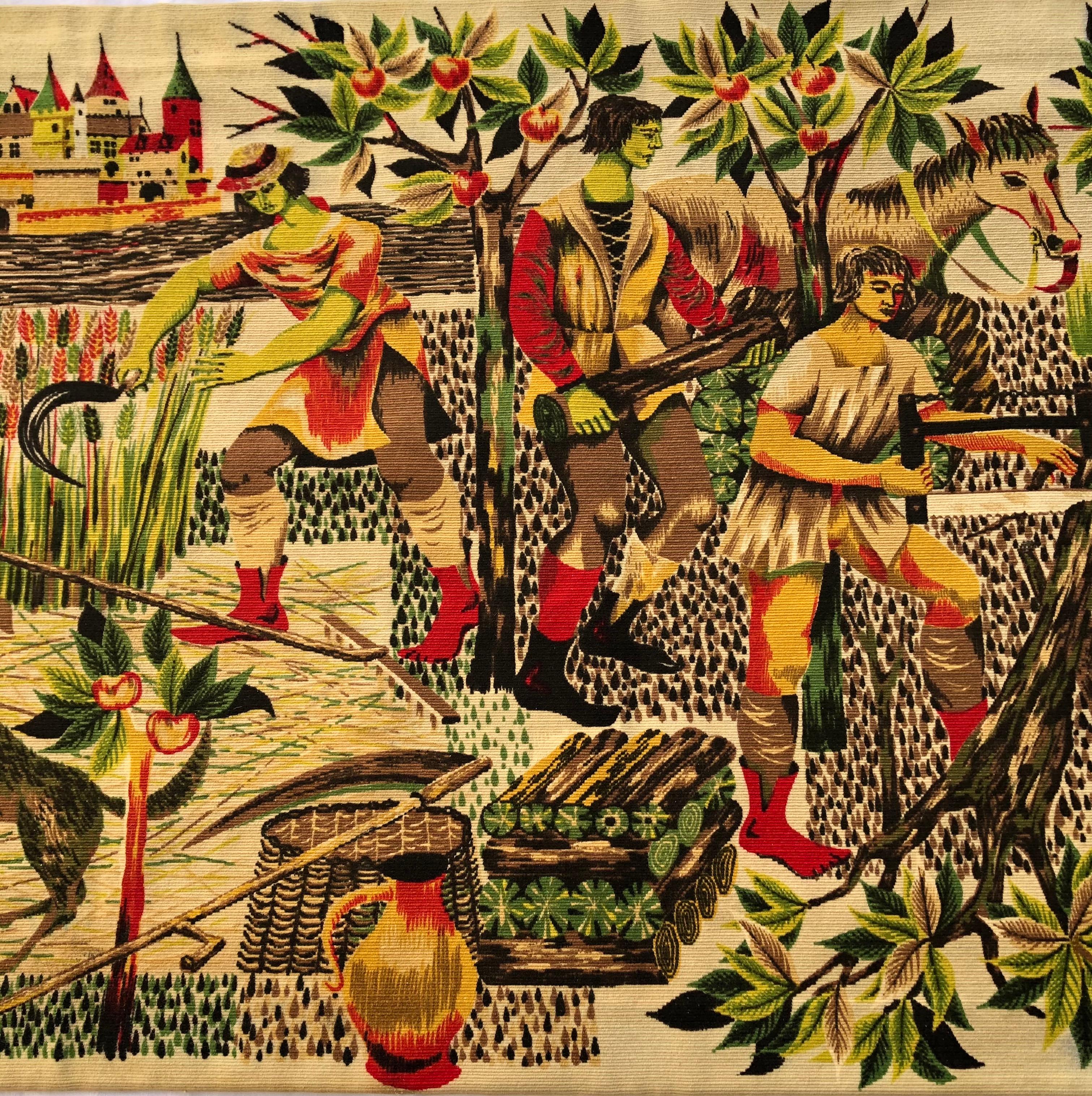 Fait à la machine Vieille tapisserie ou tenture murale française par Jean-Claude Bissery, signée