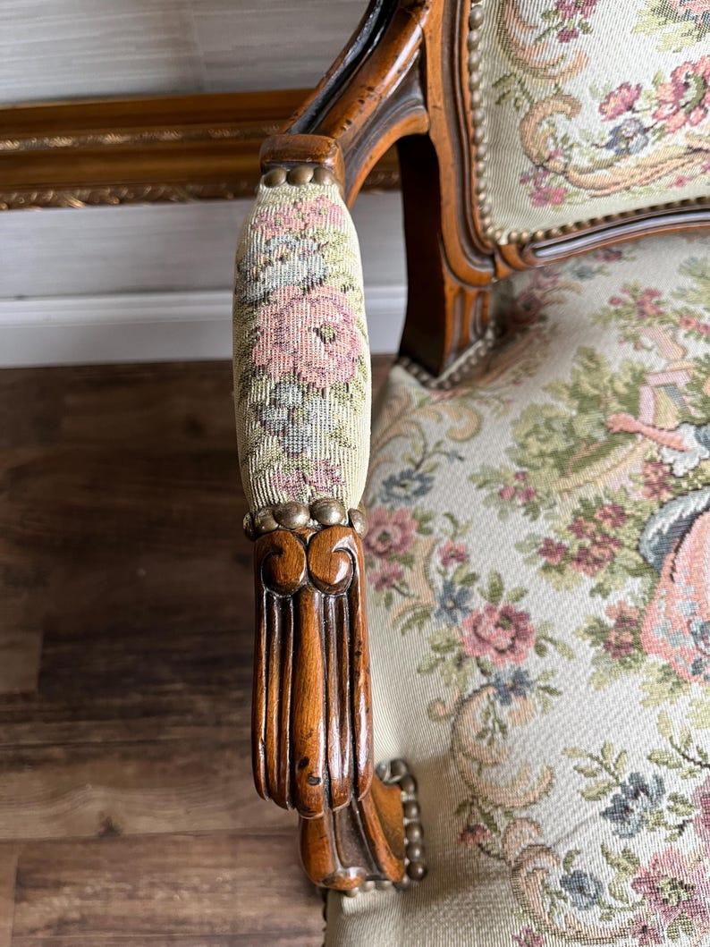 20th Century Vintage French Tapestry Style Arm Chair with Cabriole Legs and Nailhead Trim