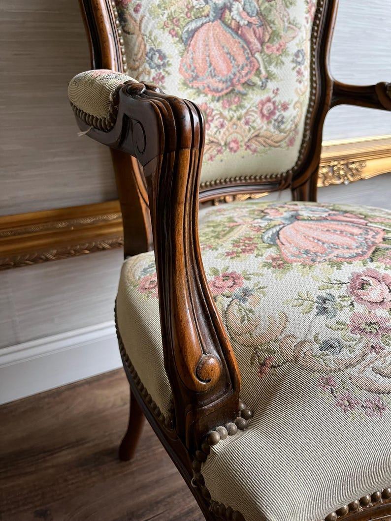 Wood Vintage French Tapestry Style Arm Chair with Cabriole Legs and Nailhead Trim