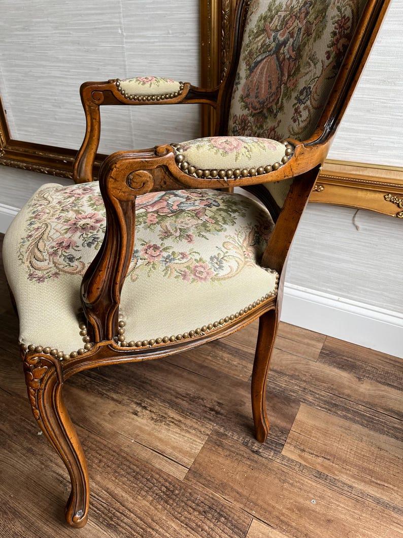 Vintage French Tapestry Style Arm Chair with Cabriole Legs and Nailhead Trim 1