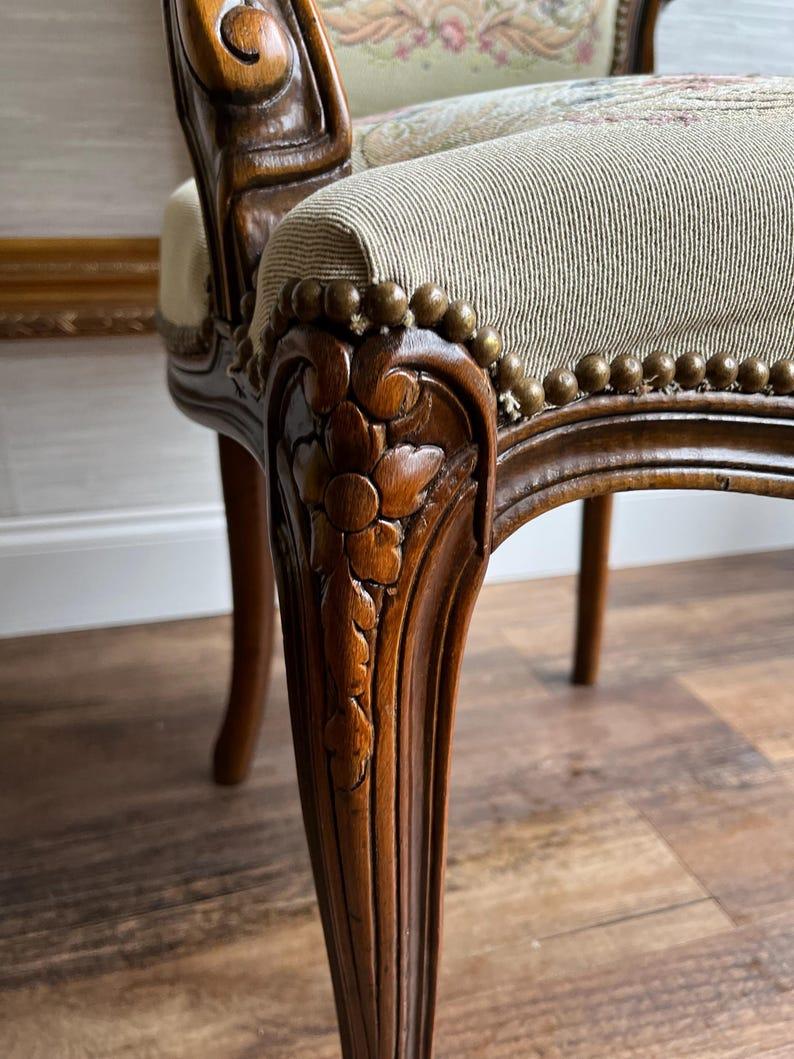 Vintage French Tapestry Style Arm Chair with Cabriole Legs and Nailhead Trim 3