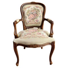 Vintage French Tapestry Style Arm Chair with Cabriole Legs and Nailhead Trim
