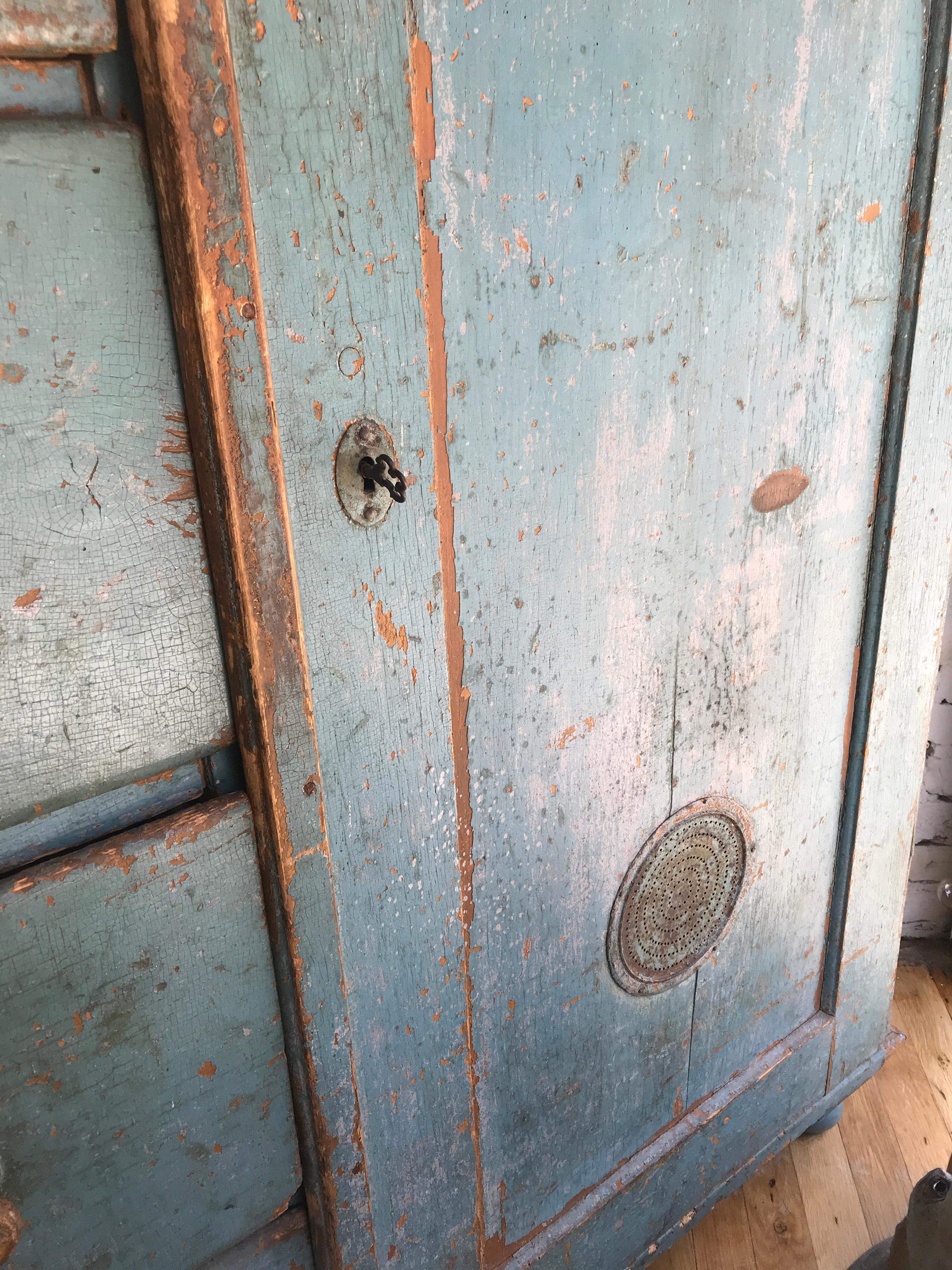 Vintage French Teal Wood Cabinet In Fair Condition In Los Angeles, CA