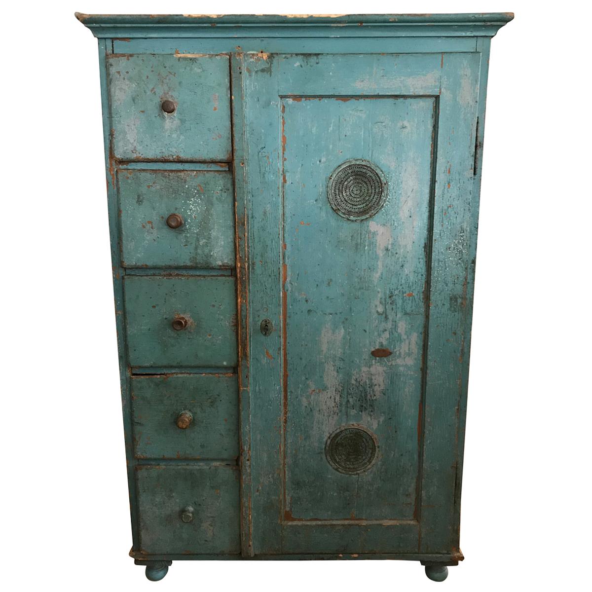 Vintage French Teal Wood Cabinet