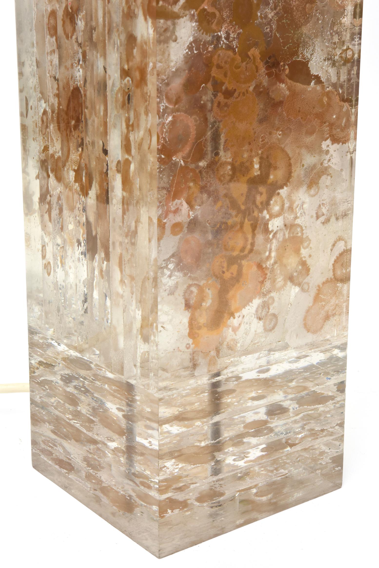 Modern Vintage Romeo Paris Copper and Gold Leaf Embedded Lucite Column Lamp, French For Sale