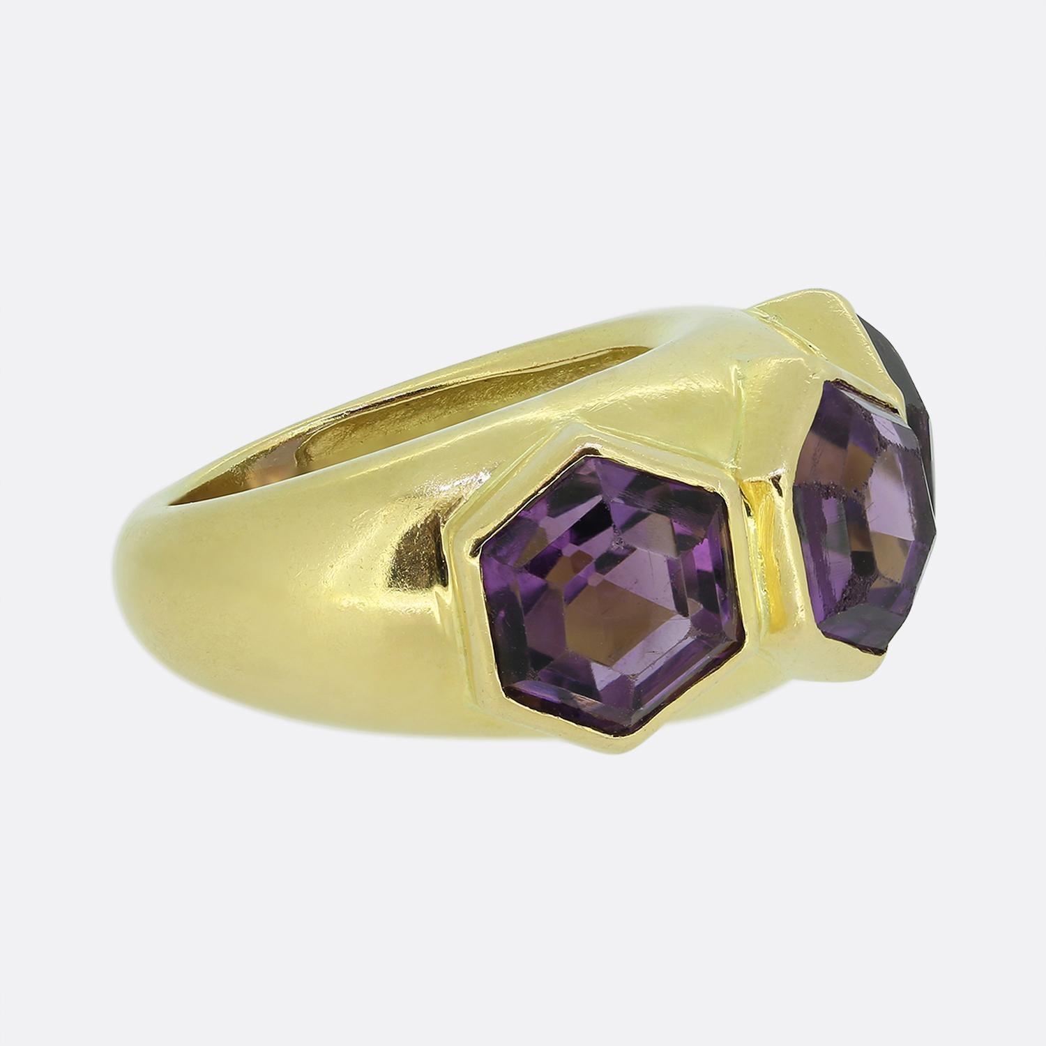 Hexagon Cut Vintage French Three-Stone Amethyst Cocktail Ring