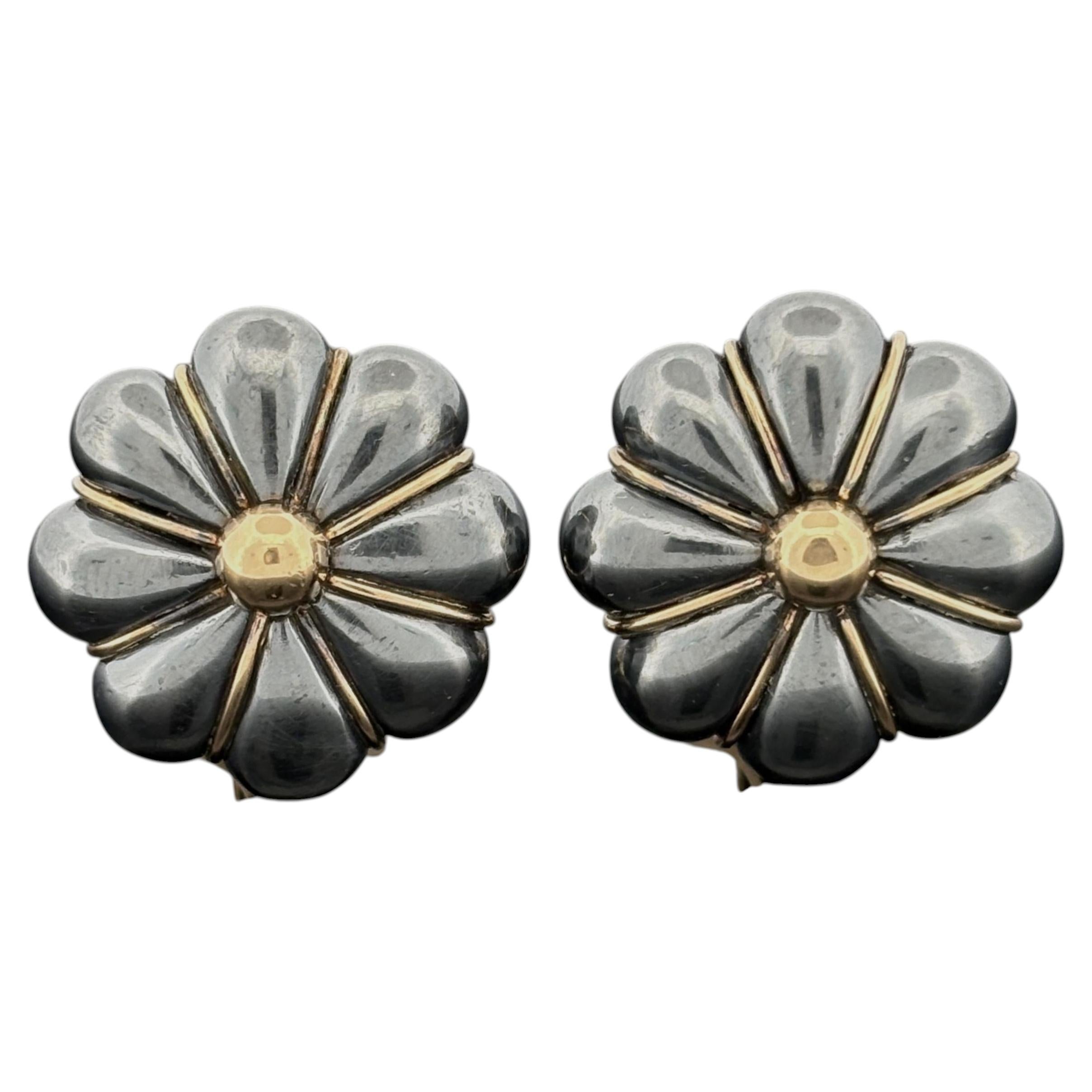 Vintage French Tiffany & Co Black Silver 18k Gold Earrings, Lucien Vachey For Sale