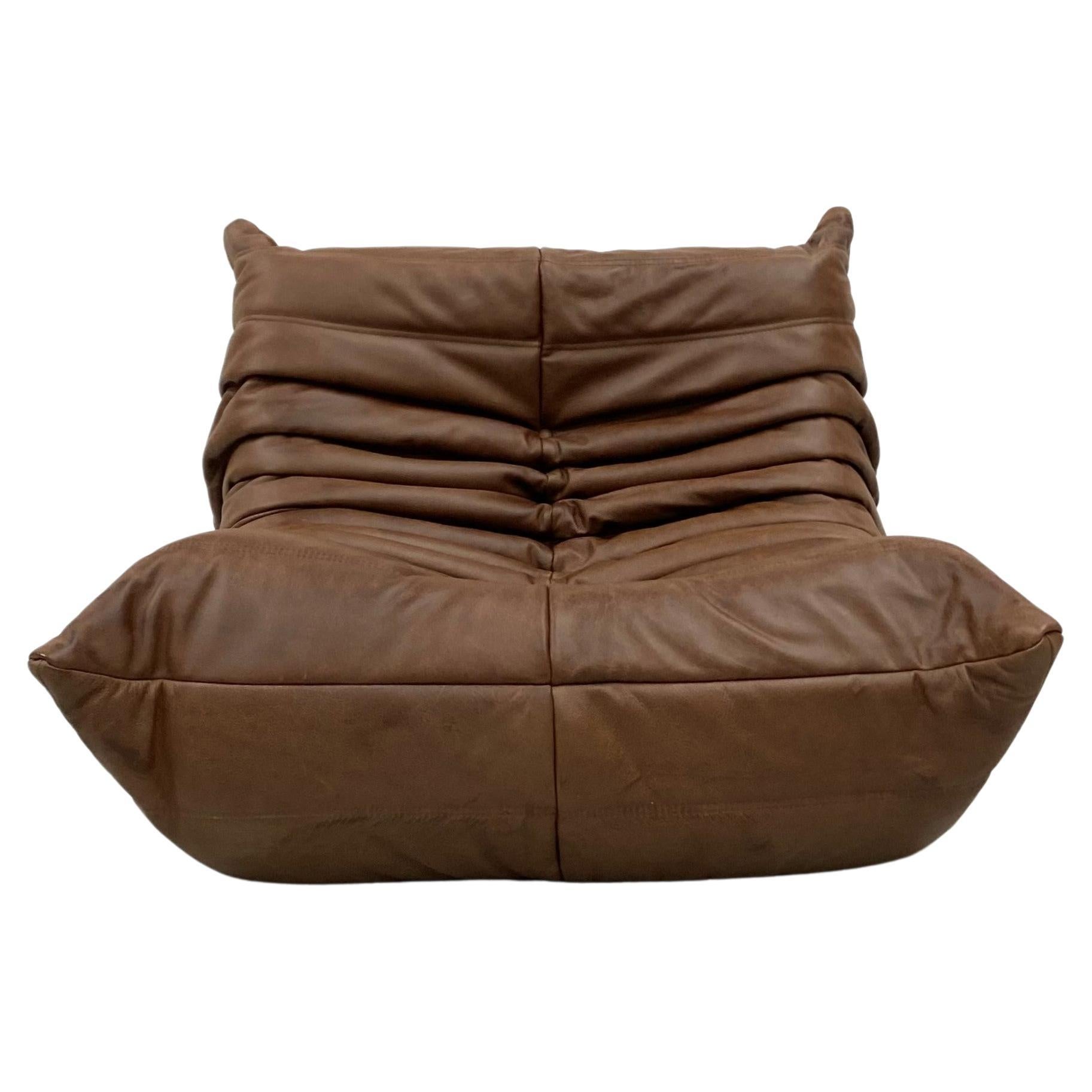 Vintage French Togo Chair in Taupe Leather by Michel Ducaroy for Ligne