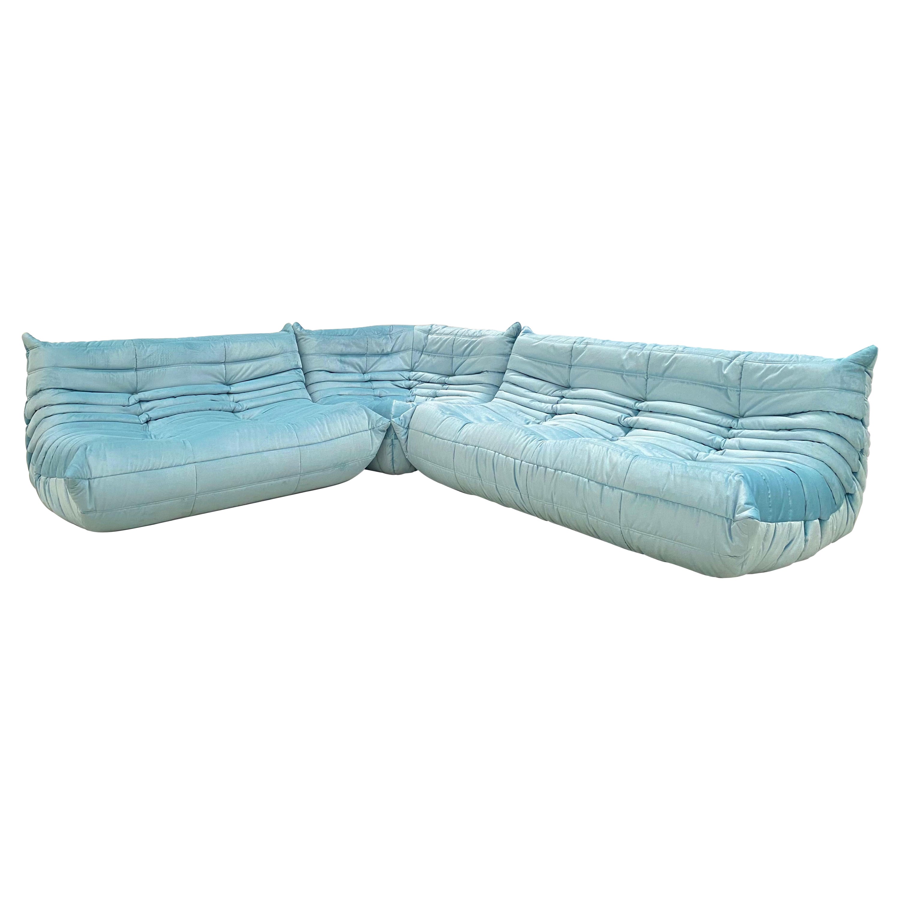 Vintage French Togo Livingroomset in Blue Velours by M. Ducaroy for Ligne Roset.