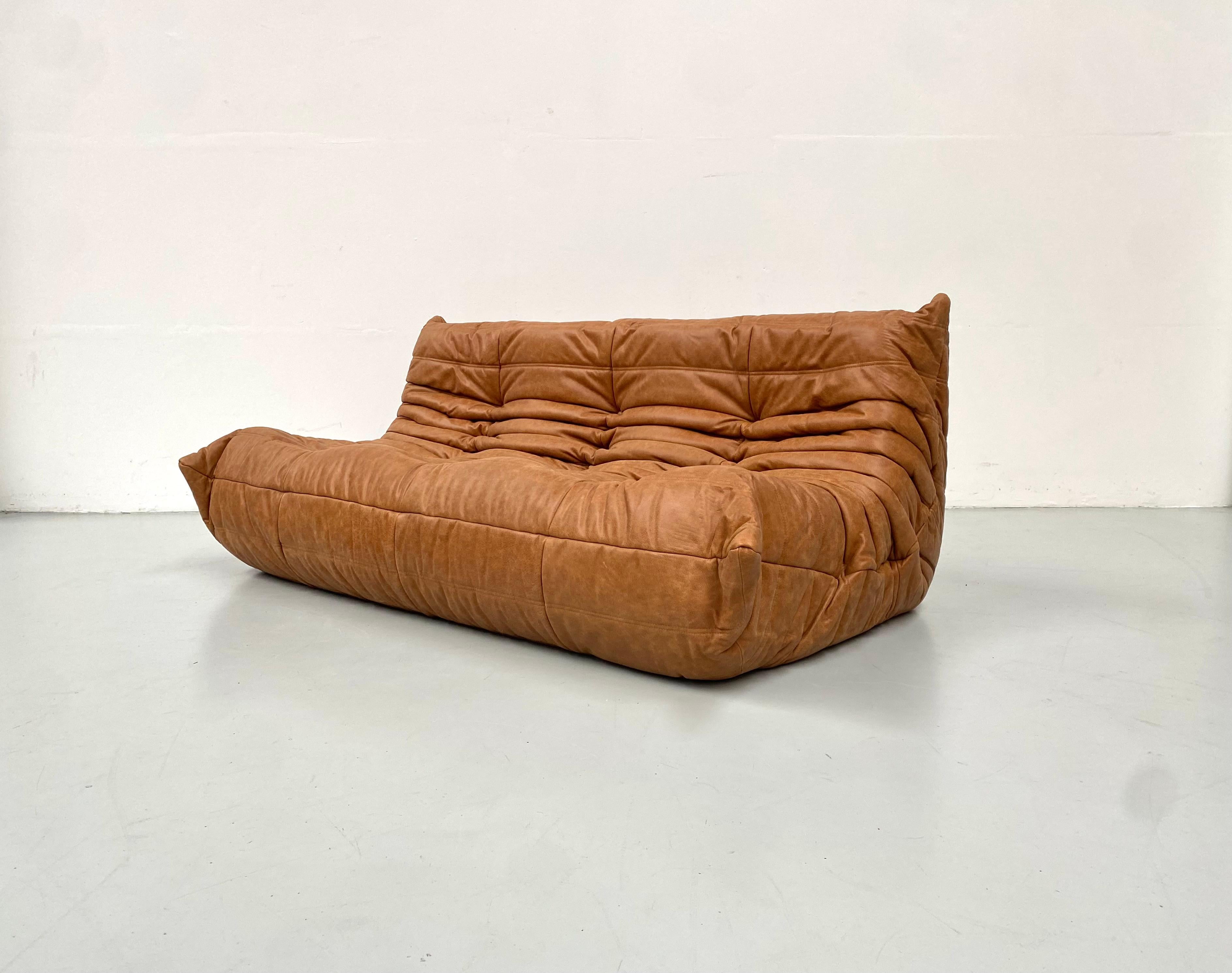 Mid-Century Modern Vintage French Togo Sofa in Cognac Leather by M. Ducaroy for Ligne Roset, 1970s