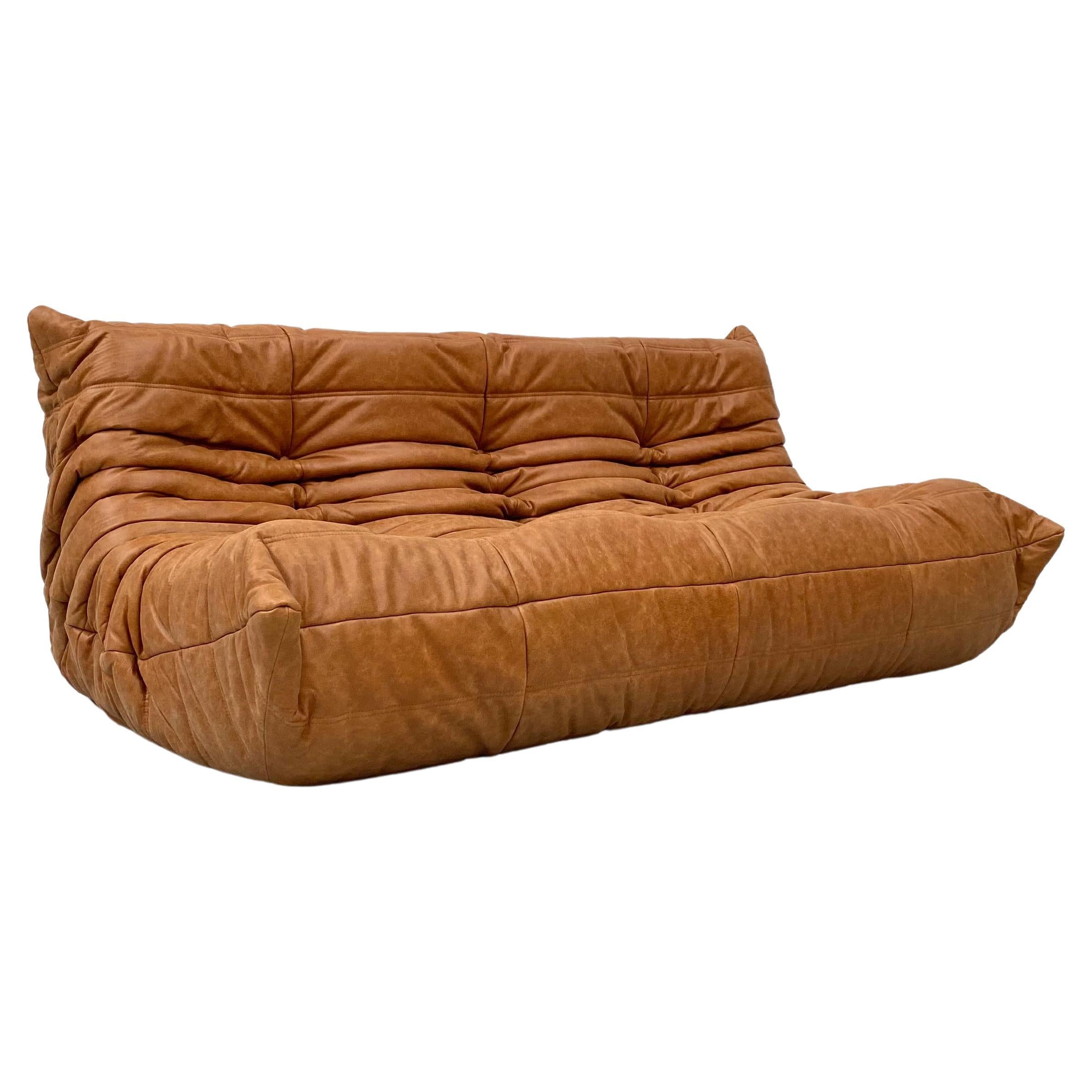 Vintage French Togo Sofa in Cognac Leather by M. Ducaroy for Ligne Roset, 1970s