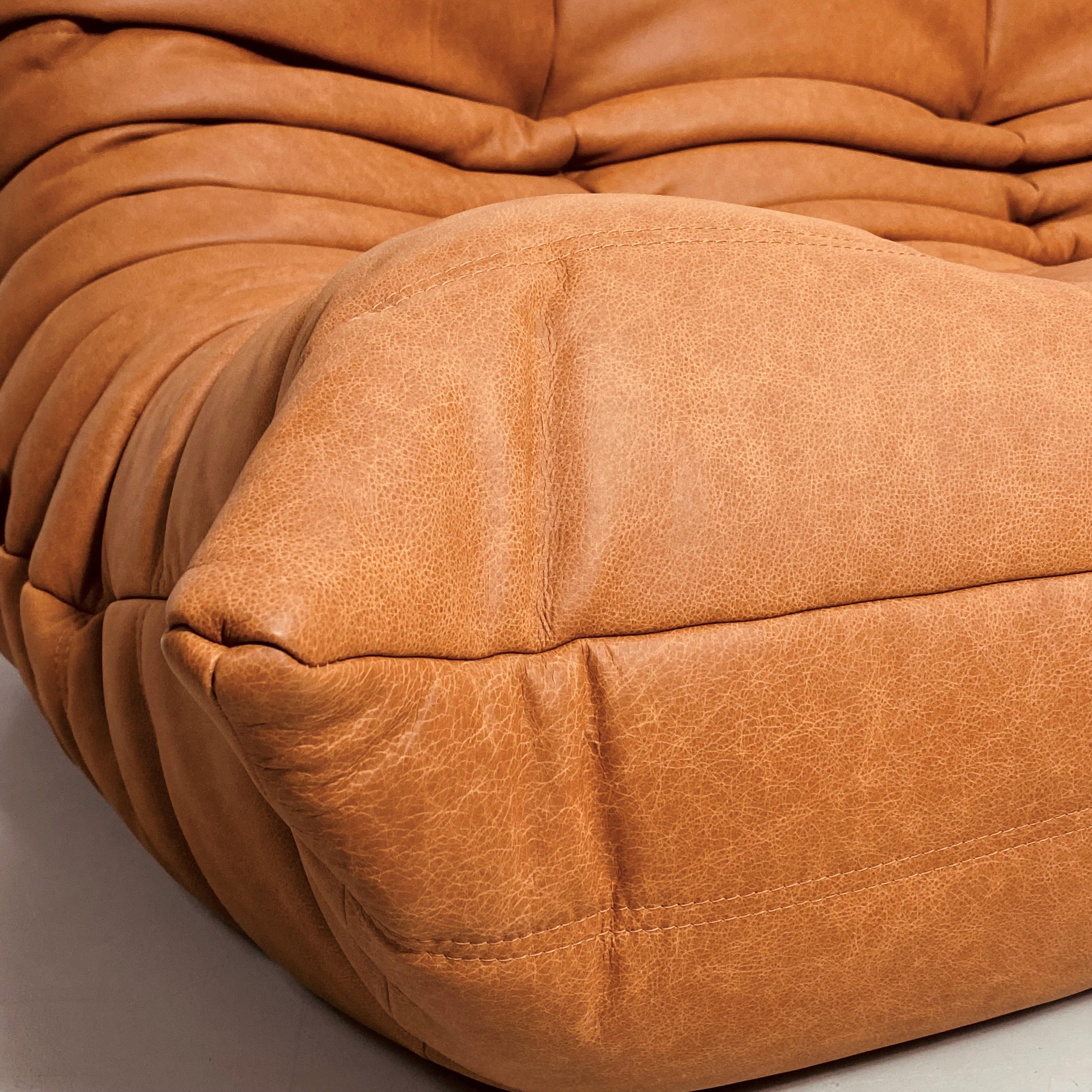 Vintage French Togo Sofa in Cognac Leather by Michel Ducaroy for Ligne Roset 1